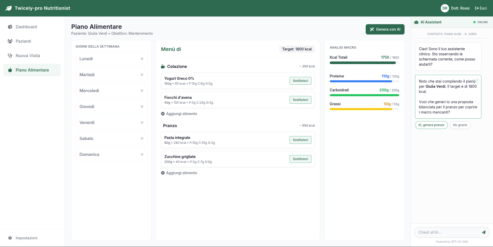 Piano alimentare con analisi macro e assistente AI
